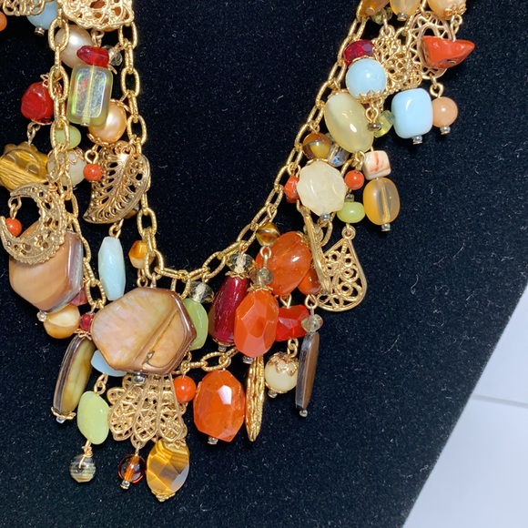 GoldTone Necklace 2 Strand Fall Earthtone Colors Multi Stones Filigree 16.5”+2” - Picture 6 of 11